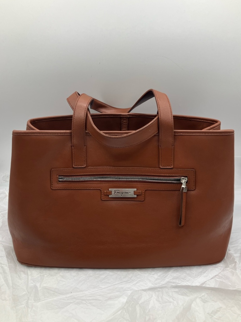 Salvatore Ferragamo Cognac Leather Tote with Front Zip Handbag